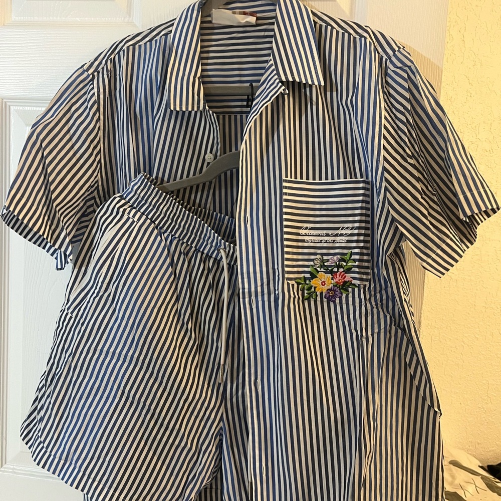 Kith Blue and White Striped Casual Button Down Shirt & Shorts